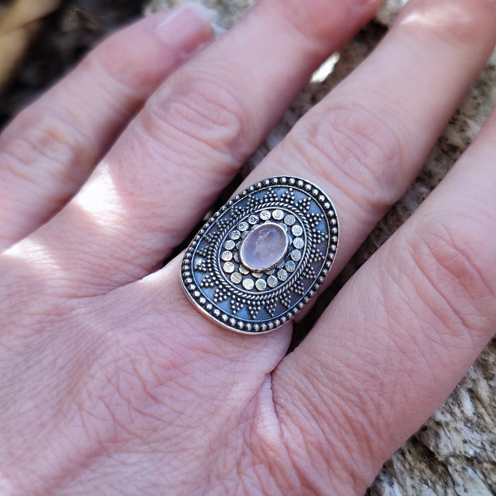 Anello etnico in argento 925 con Quarzo rosa - GINGEE