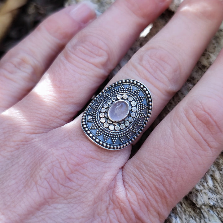 Anello etnico in argento 925 con Quarzo rosa - GINGEE
