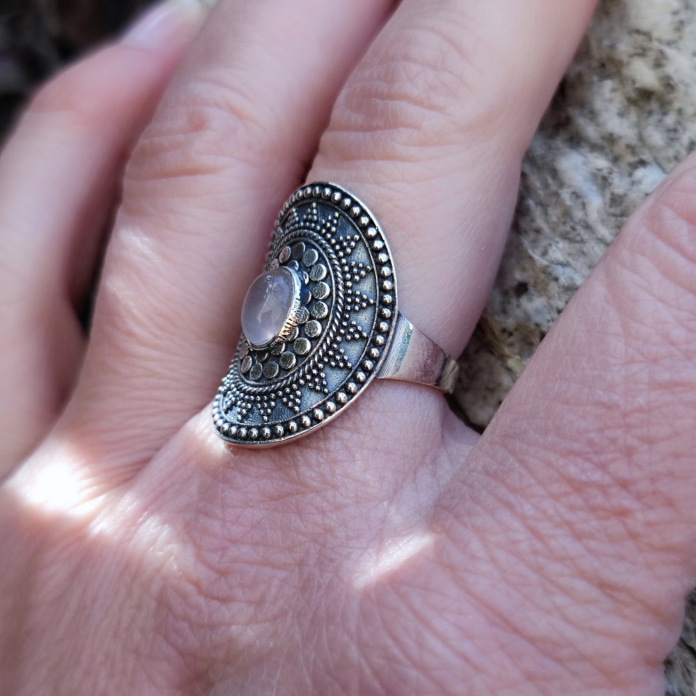 Anello etnico in argento 925 con Quarzo rosa - GINGEE