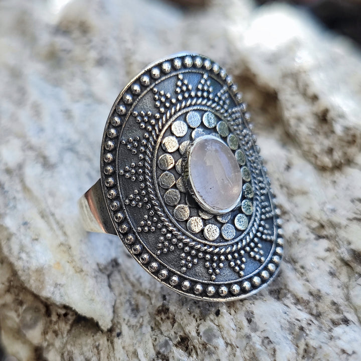 Anello etnico in argento 925 con Quarzo rosa - GINGEE