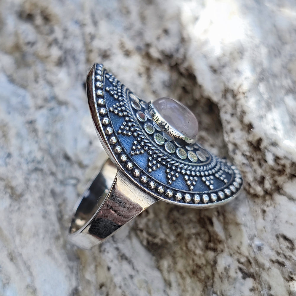 Anello etnico in argento 925 con Quarzo rosa - GINGEE