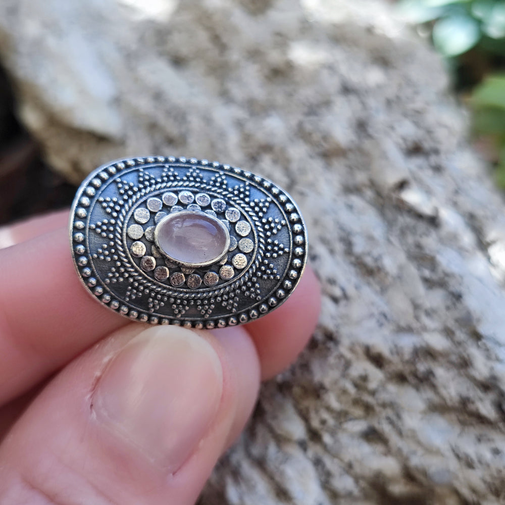 Anello etnico in argento 925 con Quarzo rosa - GINGEE