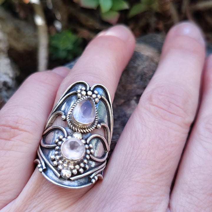Anello etnico in argento 925 con Quarzo rosa - KAVERI