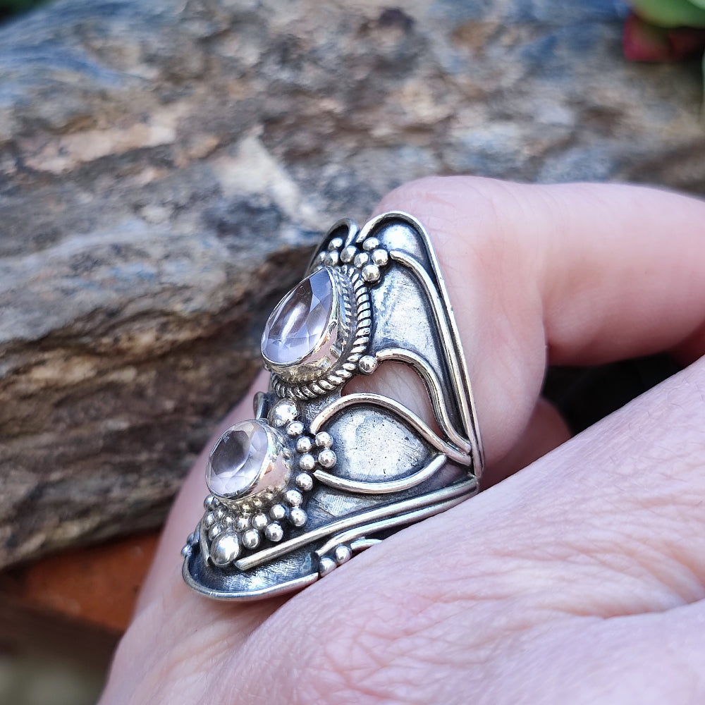 Anello etnico in argento 925 con Quarzo rosa - KAVERI