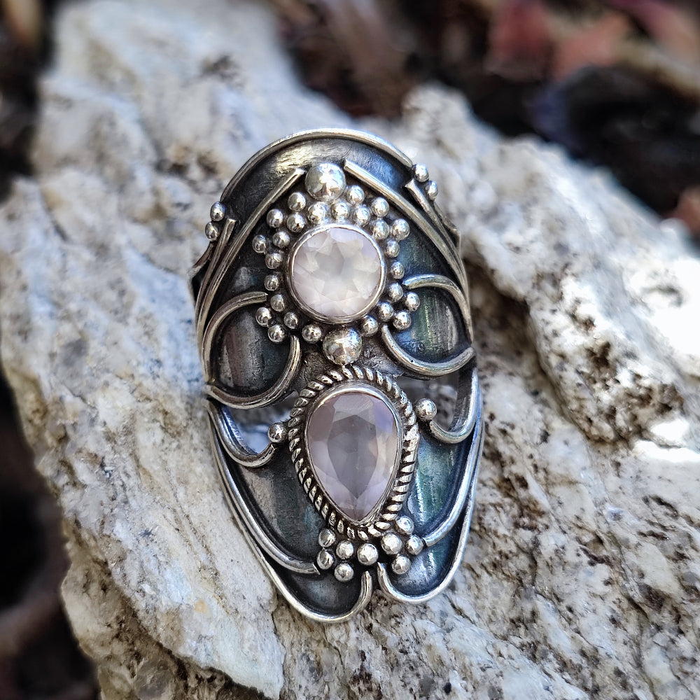Anello etnico in argento 925 con Quarzo rosa - KAVERI