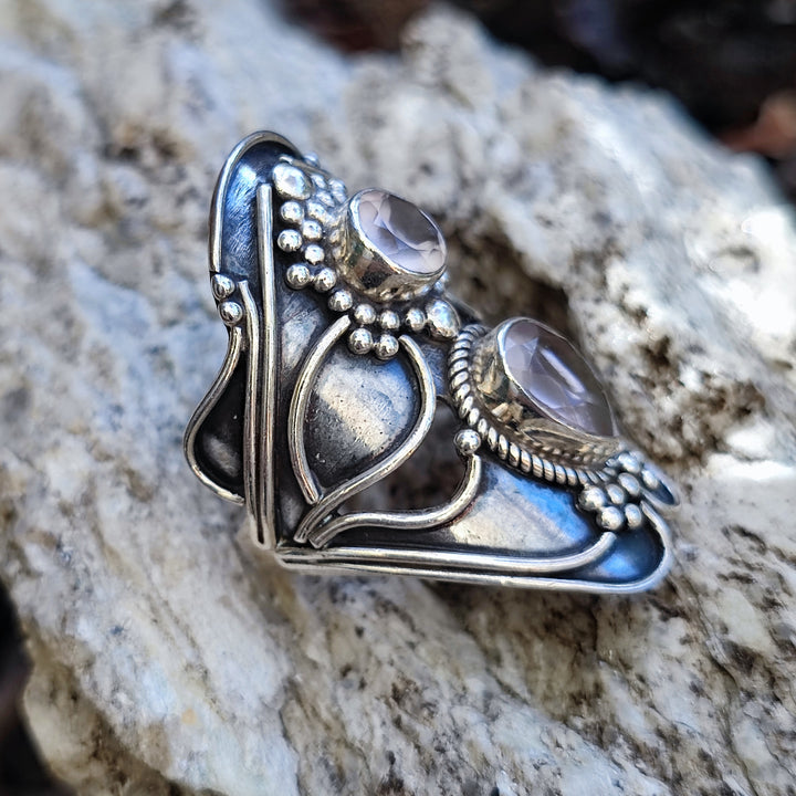 Anello etnico in argento 925 con Quarzo rosa - KAVERI