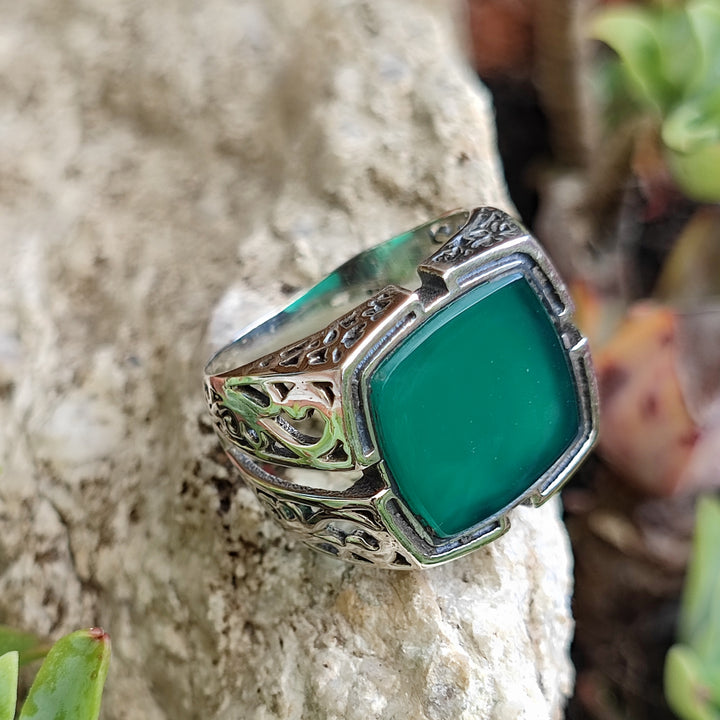 Anello etnico in argento 925 agata verde - NUNGANA