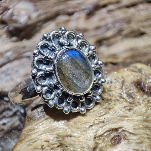 Anello etnico con pietra in argento 925 labradorite - LARUNA