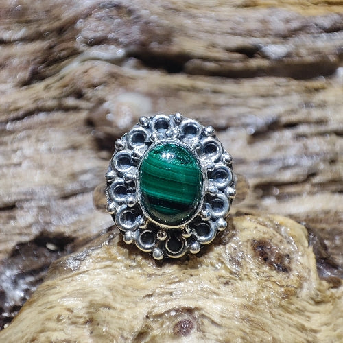 Anello etnico con pietra in argento 925 malachite - LARUNA