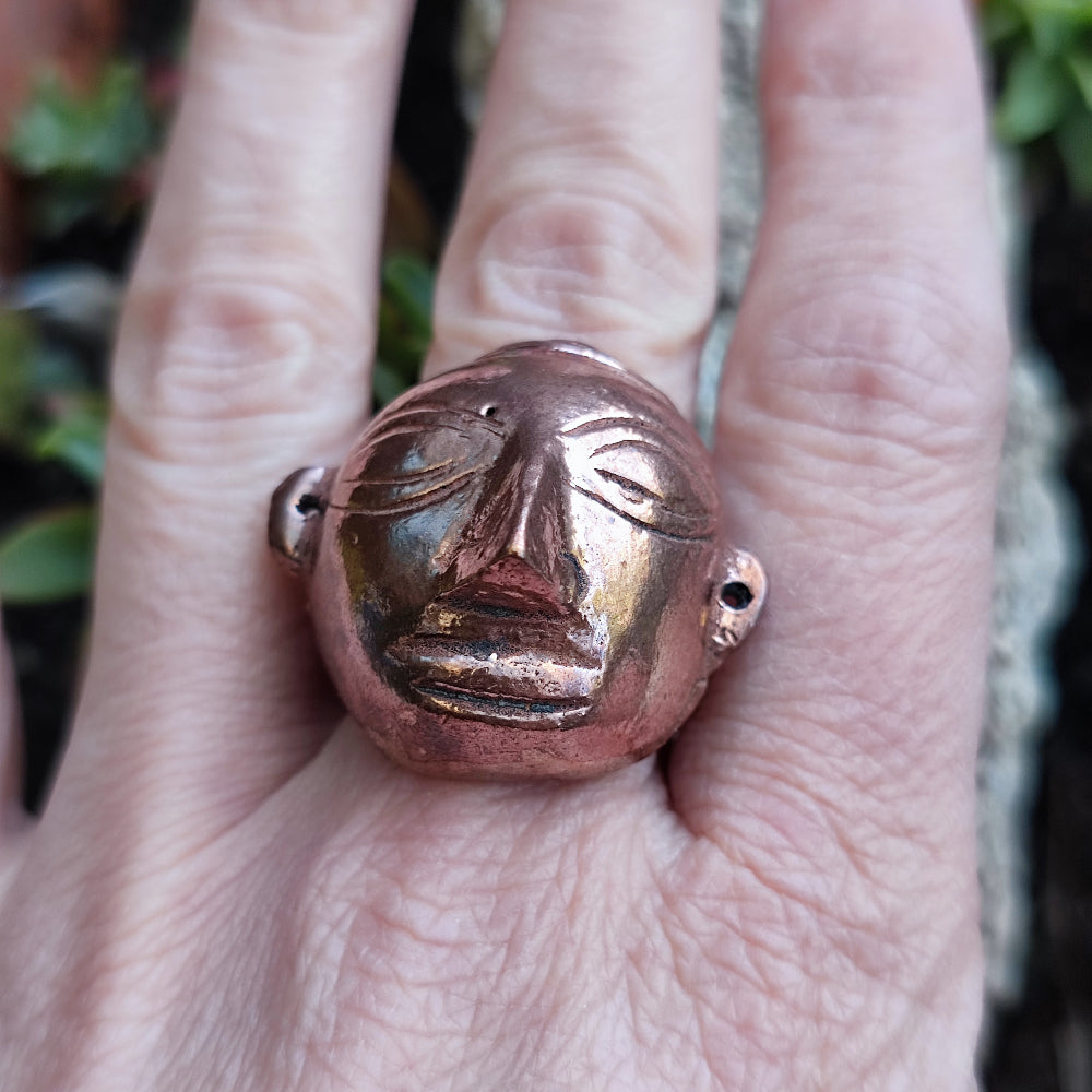 Anello etnico artigianale con maschera in bronzo - ORISSA