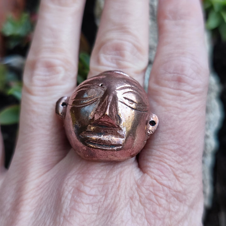 Anello etnico artigianale con maschera in bronzo - ORISSA