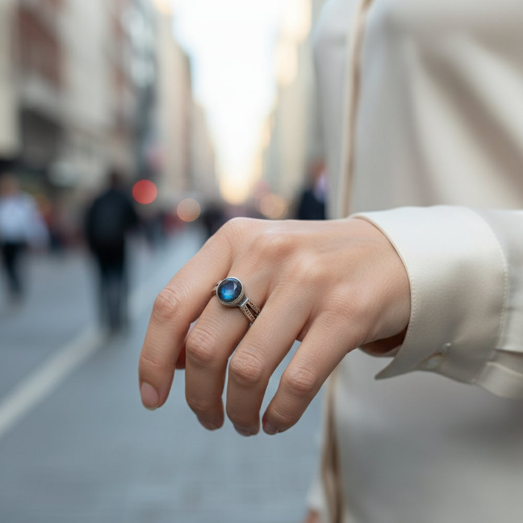 Anello etnico in argento 925 con pietra - BHAINSA