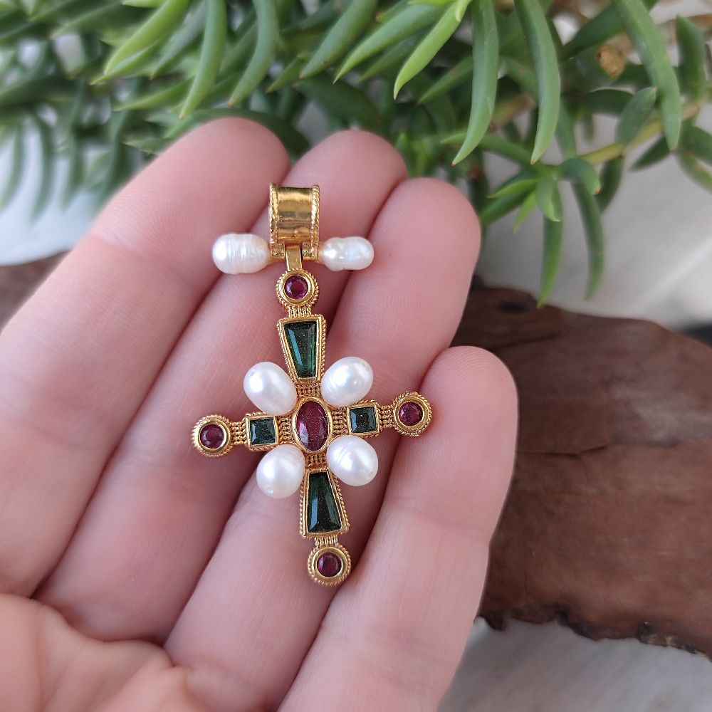 Ciondolo croce in argento 925 dorato con pietra - PURWA