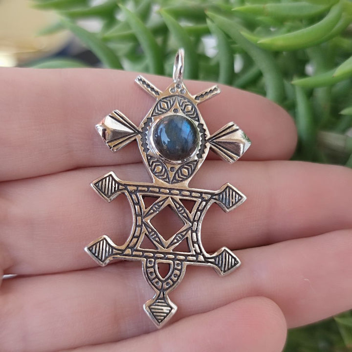 Ciondolo croce Tuareg in argento 925 con pietra - HEUTA