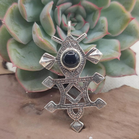 Ciondolo croce Tuareg in argento 925 con pietra - HEUTA