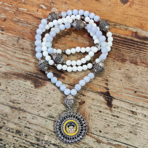 JAPA MALA con CALCEDONIO, Agata bianca e BUDDHA