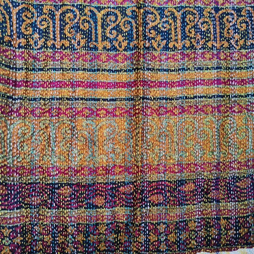 Sciarpa KANTHA con tessuti vintage misto seta ricamo a mano azzurro - RAJA