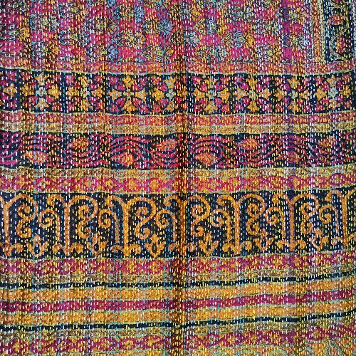 Sciarpa KANTHA con tessuti vintage misto seta ricamo a mano azzurro - RAJA