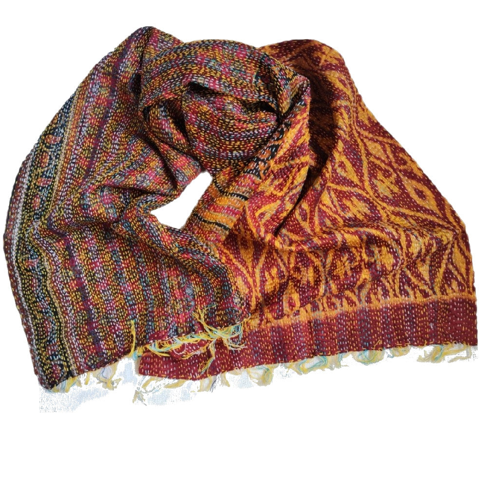 Sciarpa KANTHA con tessuti vintage misto seta ricamo a mano azzurro - RAJA