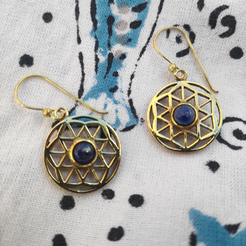 EARRINGS Flower of Life Polished brass EARRINGS Moonstone