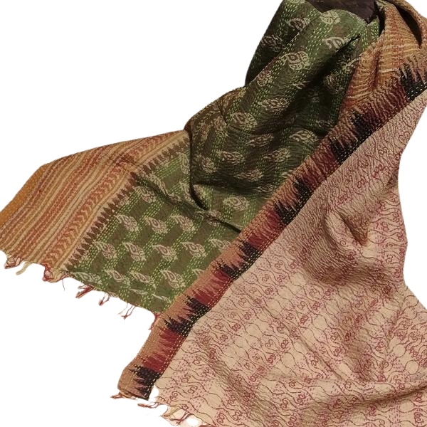 Sciarpa KANTHA con tessuti vintage misto seta ricamo a mano verde ganesh