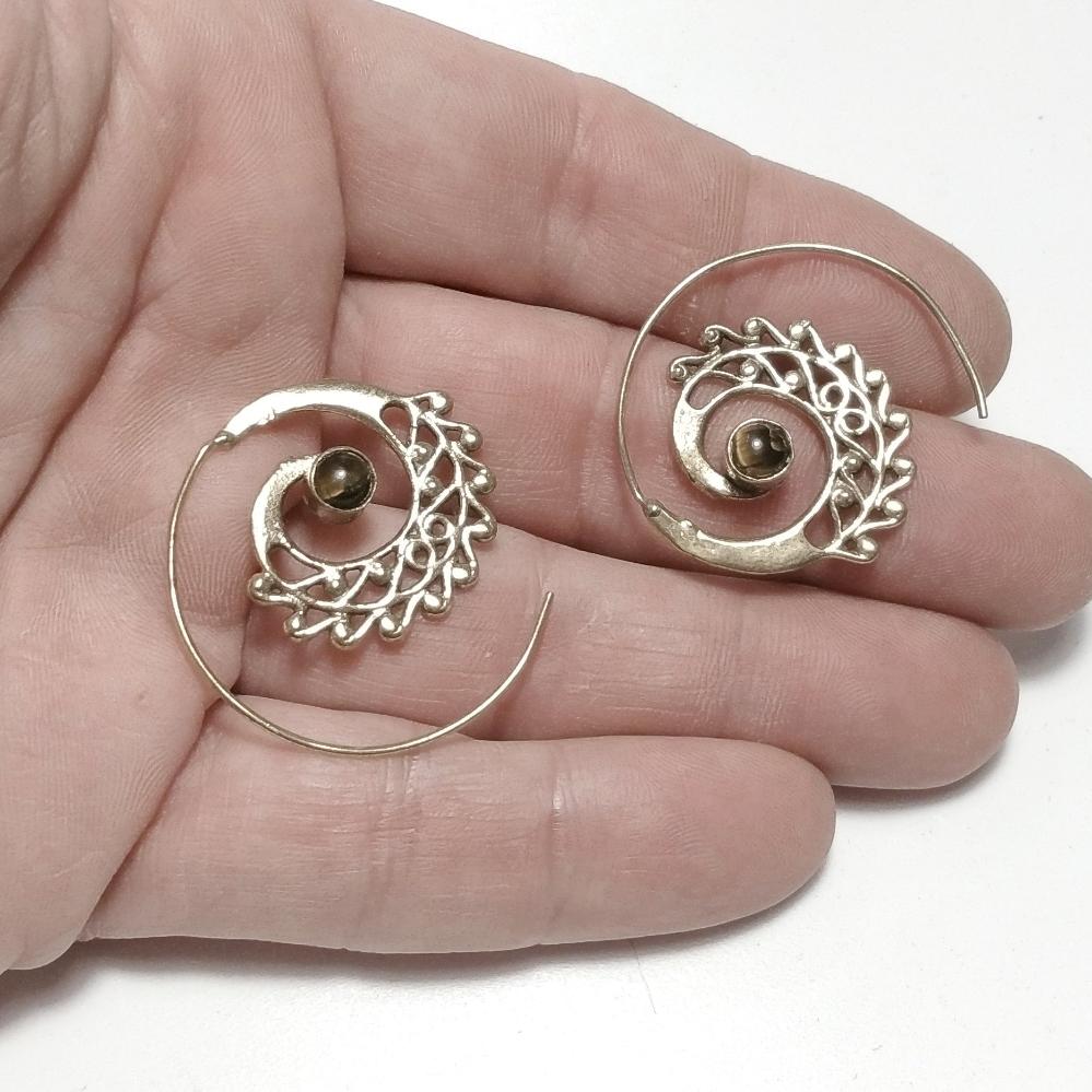 ETHNIC EARRINGS Polished brass Tiger's Eye EARRINGS | Spiral