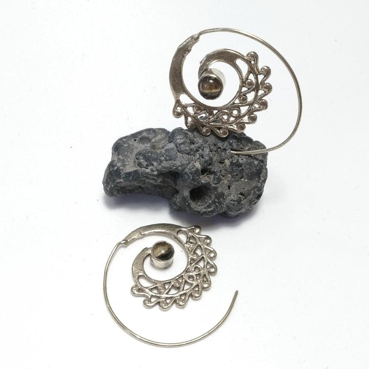 ETHNIC EARRINGS Polished brass Tiger's Eye EARRINGS | Spiral