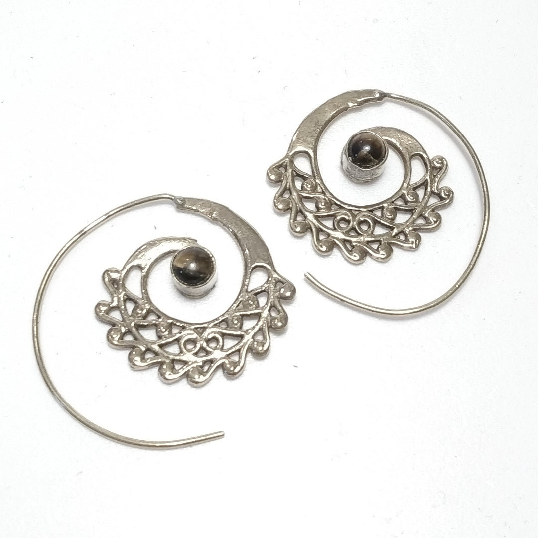 ETHNIC EARRINGS Polished brass Tiger's Eye EARRINGS | Spiral