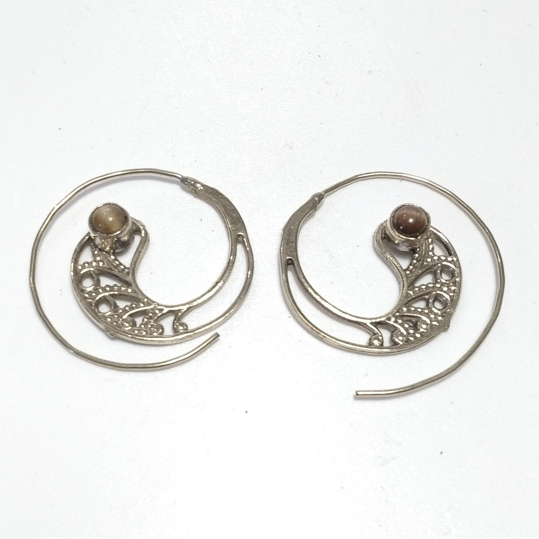 ETHNIC EARRINGS Polished brass Tiger's Eye EARRINGS | Spiral