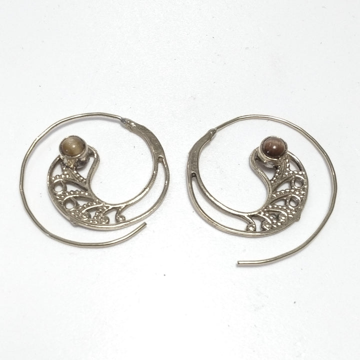 ETHNIC EARRINGS Polished brass Tiger's Eye EARRINGS | Spiral