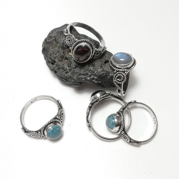 ANELLO HAIMA artigianale in argento 925 con Labradorite, Granato ,Turchese | GIOIELLI CON PIETRE