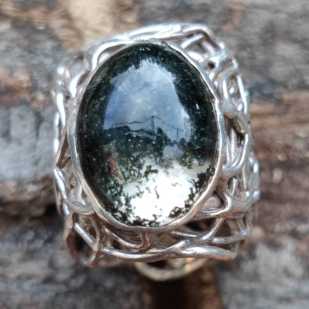 Anello artigianale Agata muschiata in argento 925 - Pezzo unico