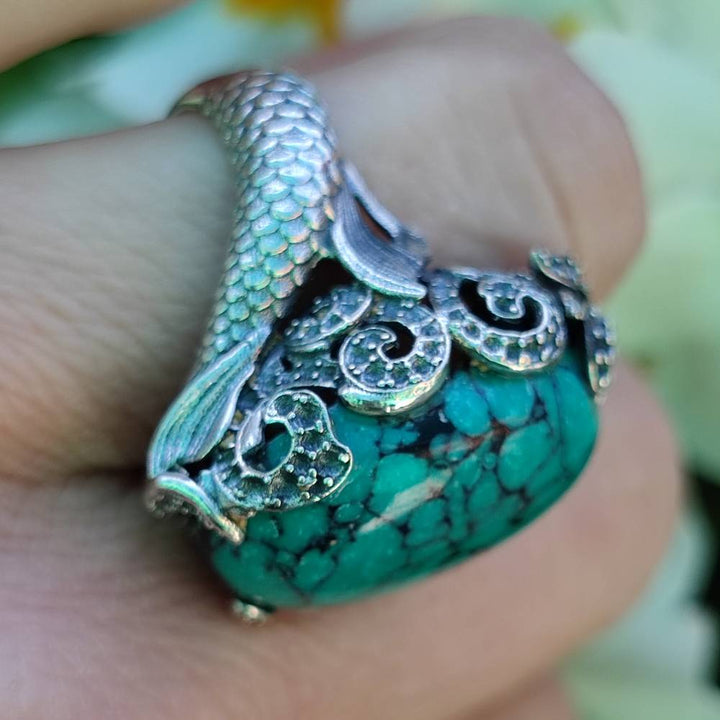 Anello etnico in argento 925 con pietra e sirena - LASARNA