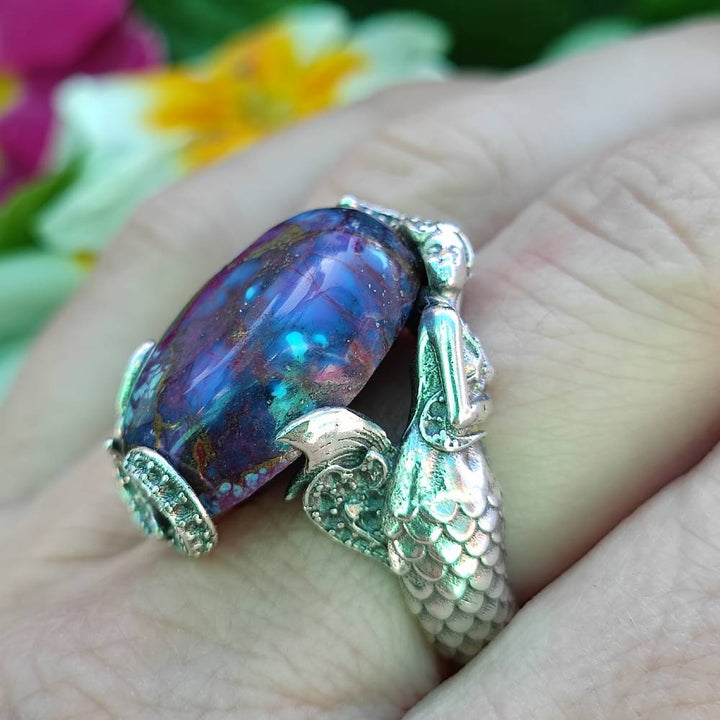 Anello etnico in argento 925 con pietra e sirena - LASARNA