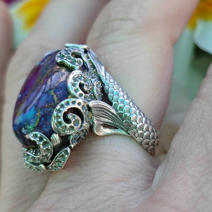 Anello etnico in argento 925 con pietra e sirena - LASARNA