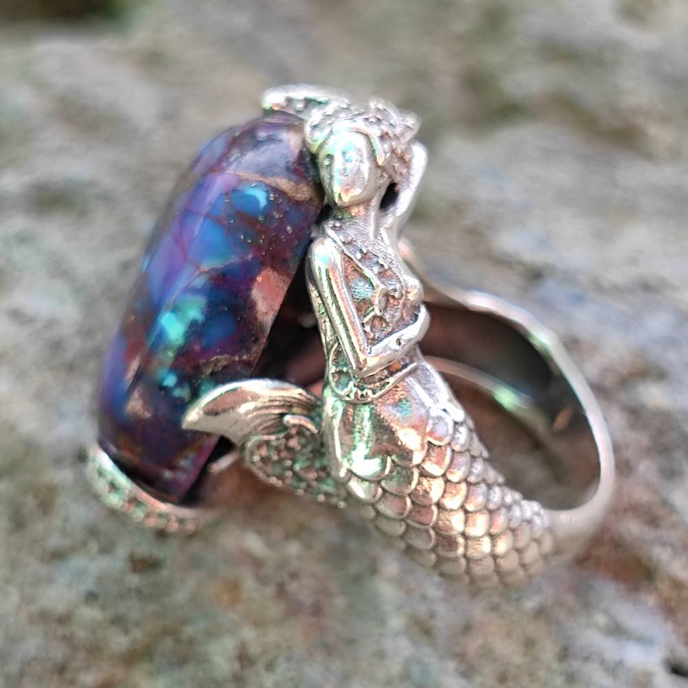 Anello etnico in argento 925 con pietra e sirena - LASARNA