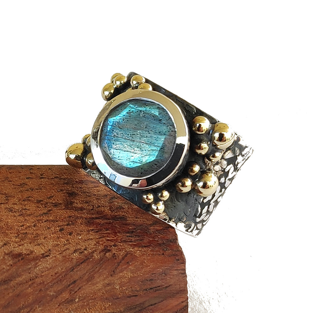 Anello fascia larga con pietra argento 925 - BATOR pietra labradorite