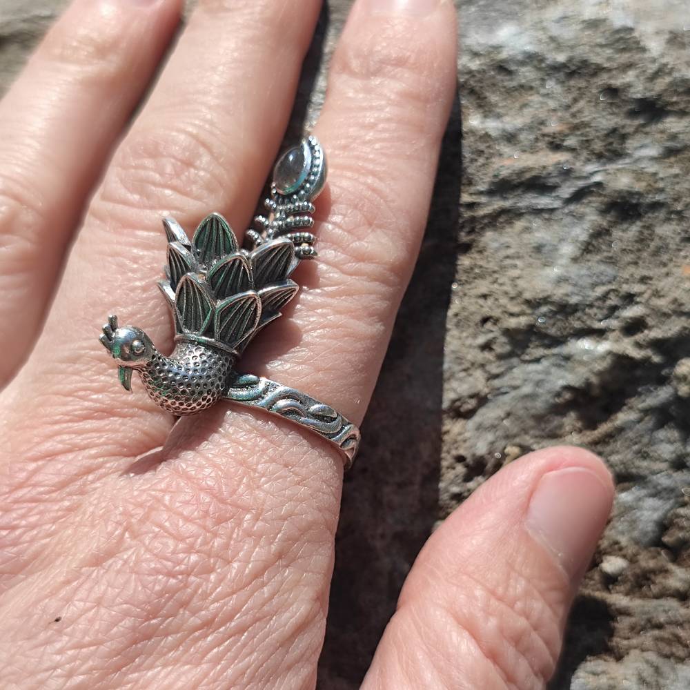 Anello in argento 925 con pietra e pavone - JHANTALA