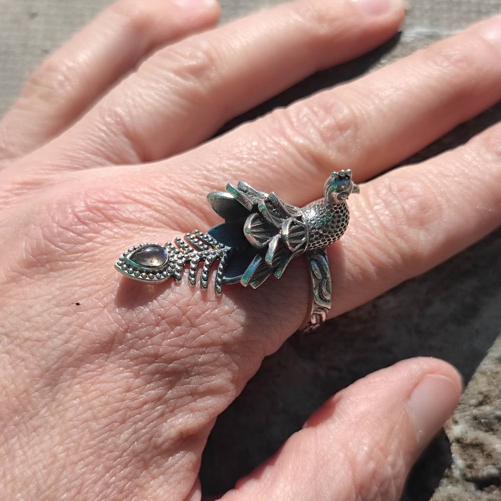 Anello in argento 925 con pietra e pavone - JHANTALA