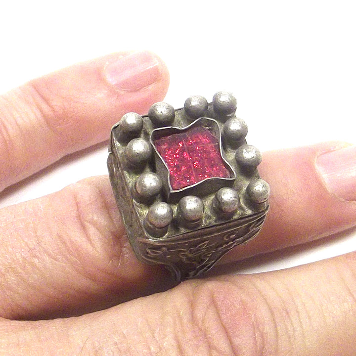 Anello Afghano quadrato antico argento - ETNICO - VINTAGE
