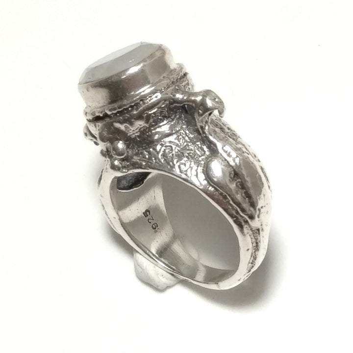 ANELLO ETNICO in argento 925 ANELLO artigianale Pietra di Luna , Quarzo rosa | PAVONE