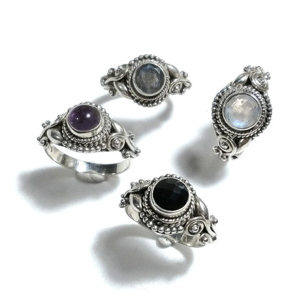 Anello con pietra in argento 925 con Pietra di luna, Ametista, Onice nero | GIOIELLI ETNICI