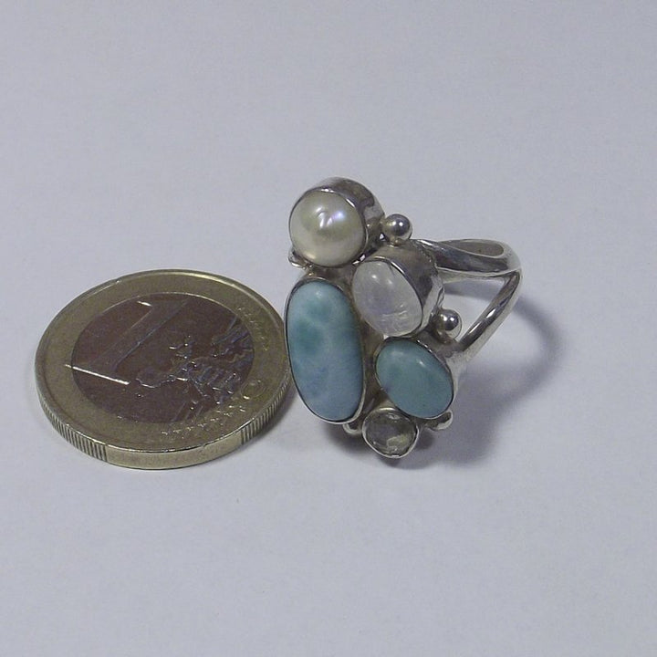 RING silver Larimar moonstone and pearl 13 - 15
