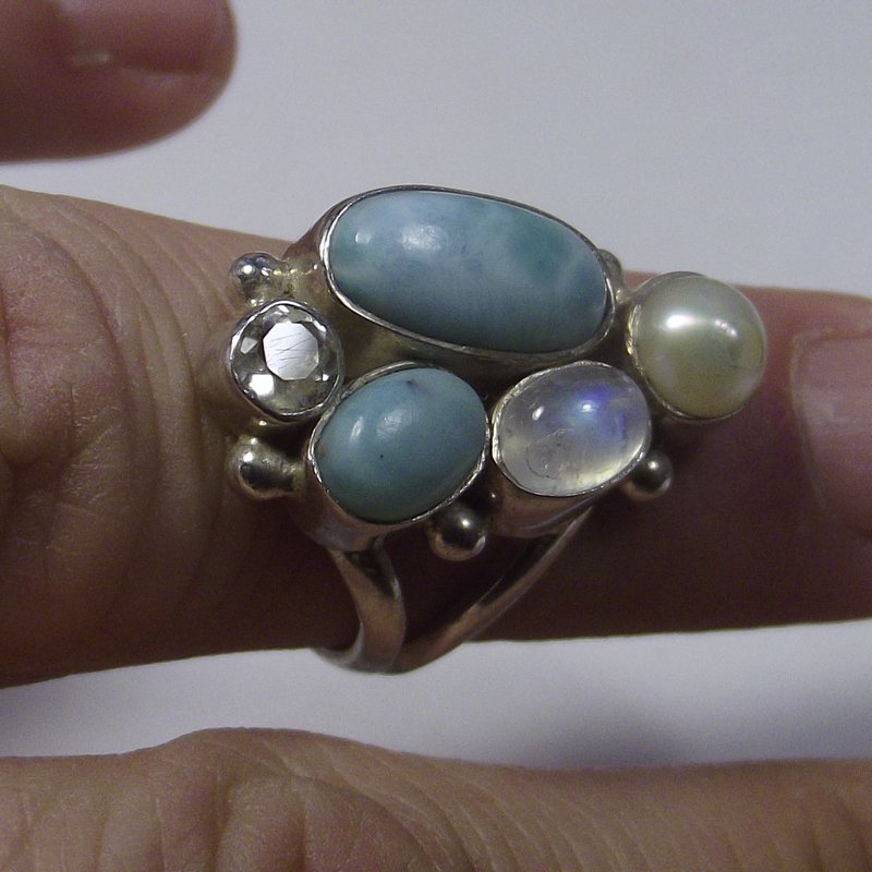 RING silver Larimar moonstone and pearl 13 - 15