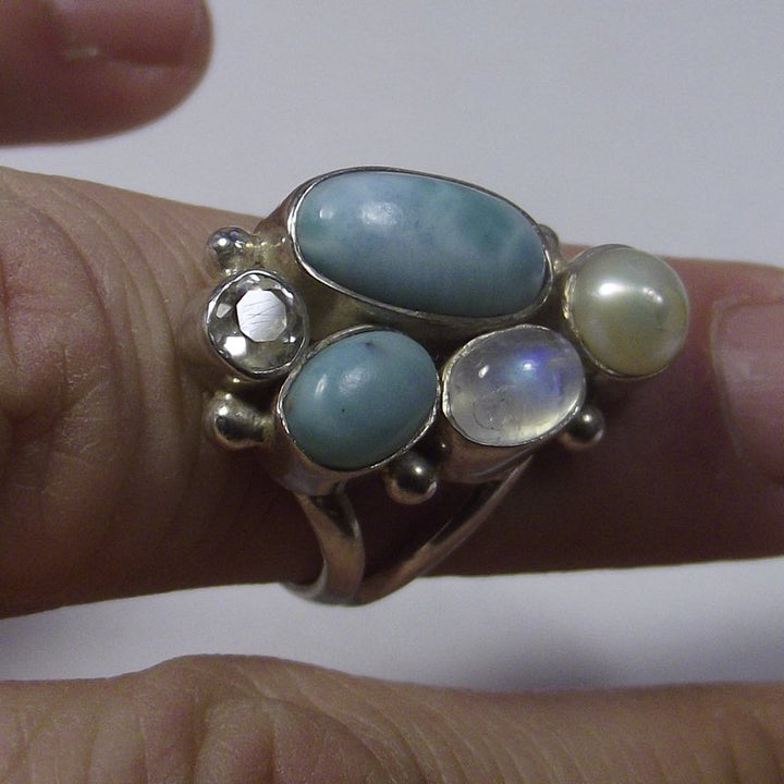 RING silver Larimar moonstone and pearl 13 - 15