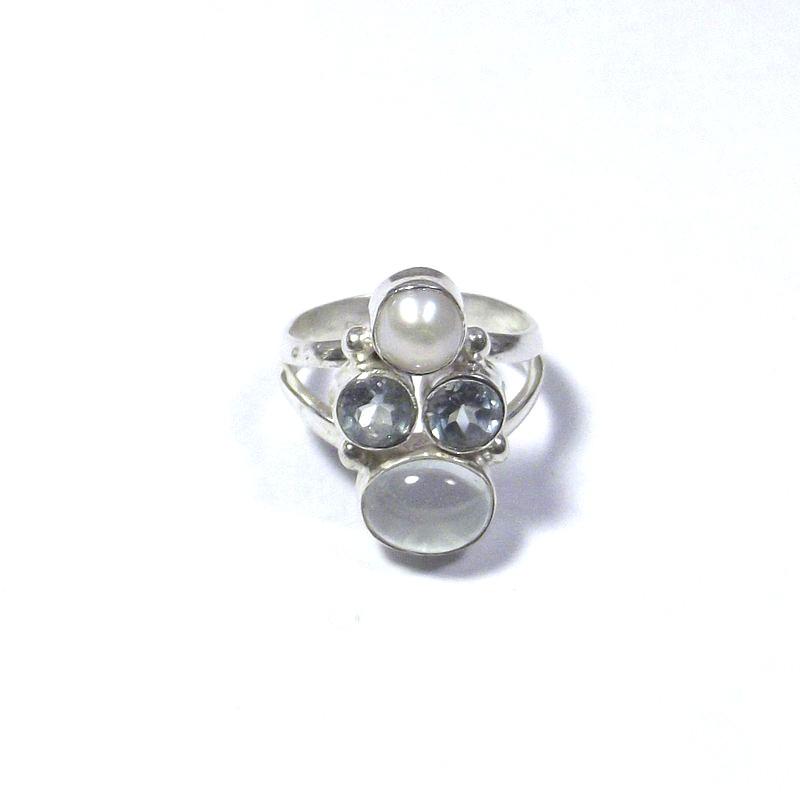ANELLO argento ACQUAMARINA, perla e TOPAZIO azzurro cabouchon