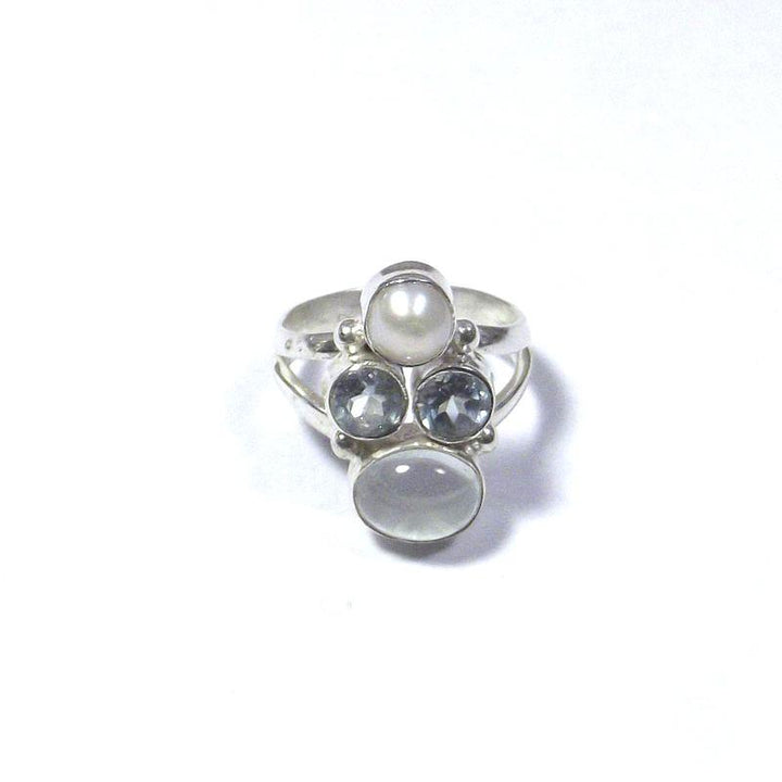 ANELLO argento ACQUAMARINA, perla e TOPAZIO azzurro cabouchon
