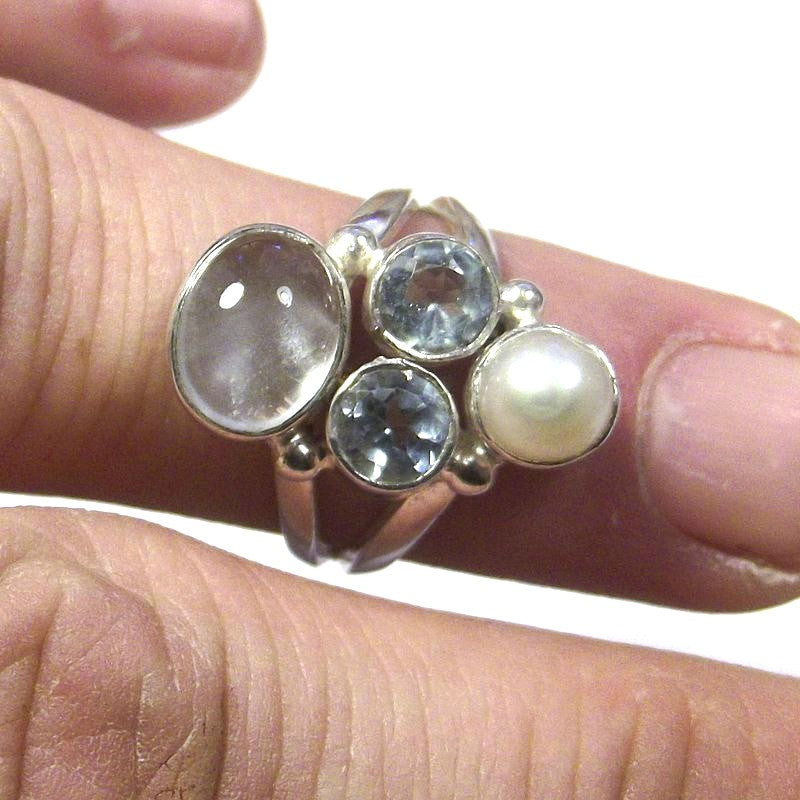 AQUAMARINE, pearl and TOPAZ silver RING - CIRCE