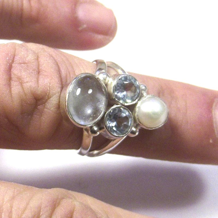 AQUAMARINE, pearl and TOPAZ silver RING - CIRCE