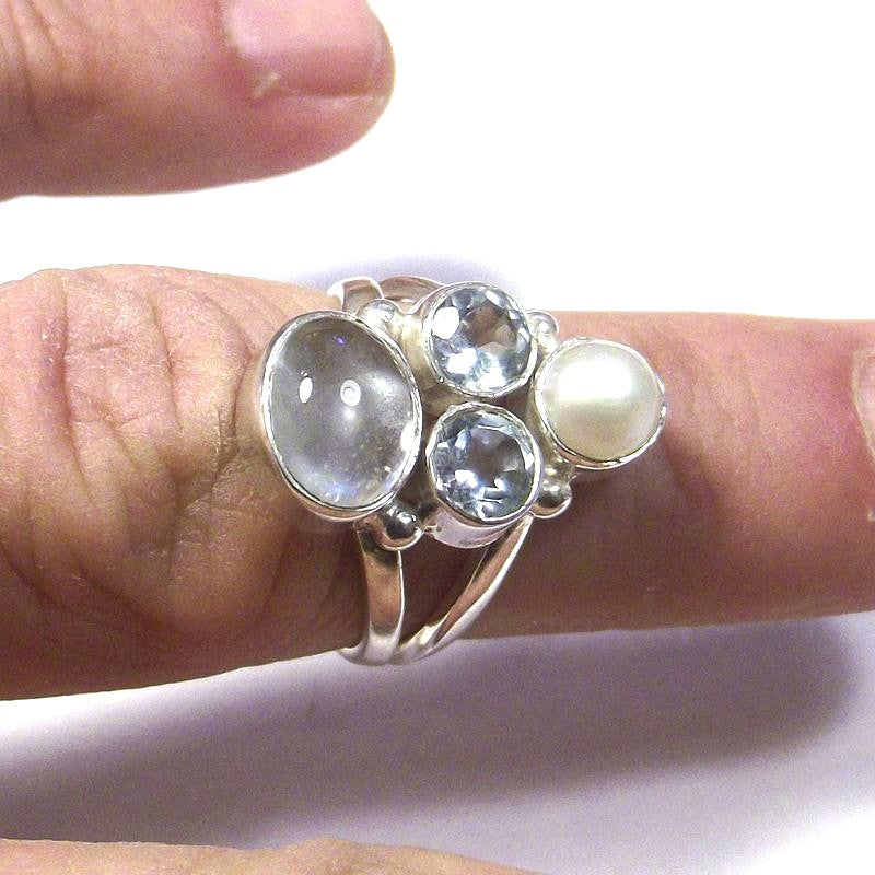 AQUAMARINE, pearl and TOPAZ silver RING - CIRCE